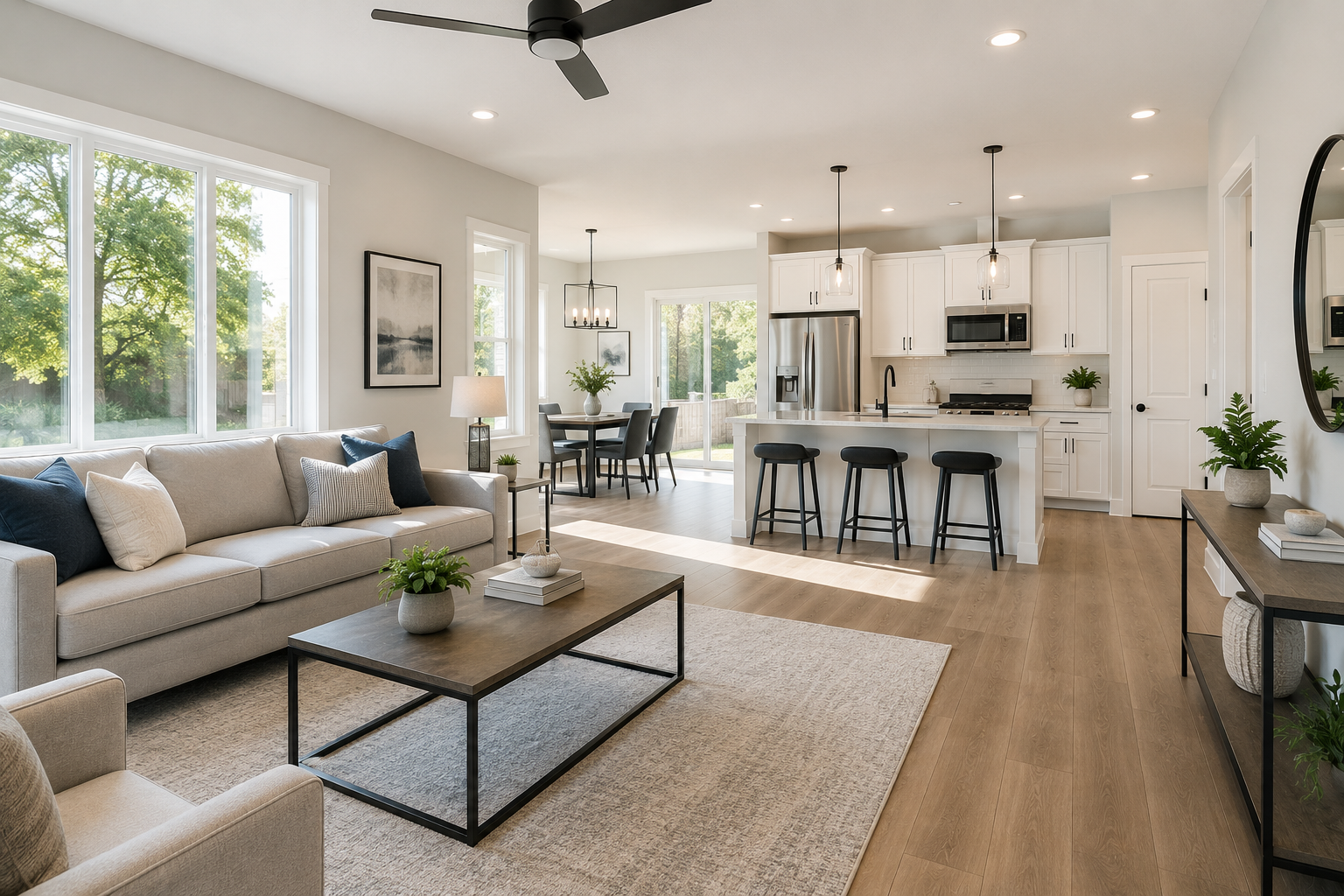 Bright, professionally cleaned open-plan living room and kitchen